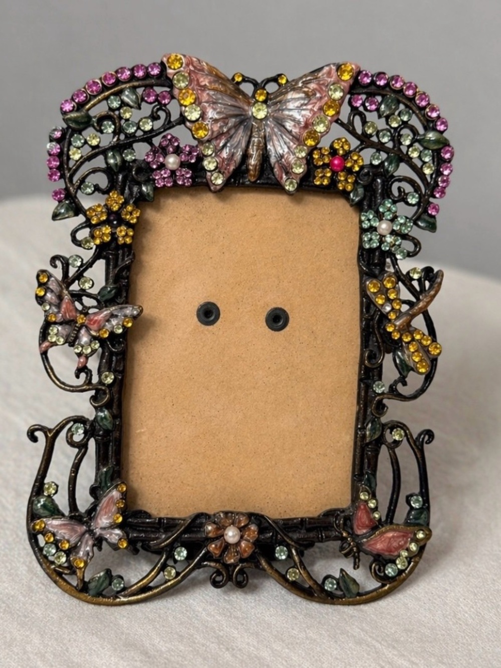 Vintage Ornate Butterfly and Rhinestone  Photo Frame - Pink, Yellow & Green